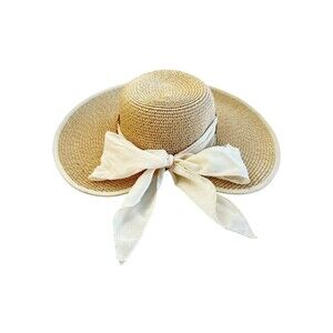 O’Ryan Wide Brim Straw Sun Hat Cream Ribbon Bow Open Back Boho Festival OS